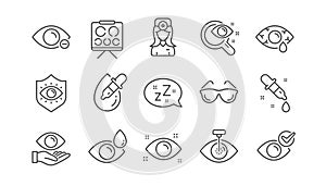 Optometry, Eye doctor line icons. Medical laser eye surgery, glasses and eyedropper. Linear set. Vector