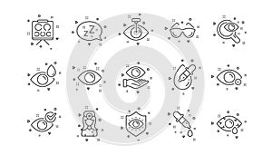 Optometry, Eye doctor line icons. Medical laser eye surgery, glasses and eyedropper. Linear set. Vector