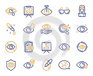 Optometry, Eye doctor line icons. Medical laser eye surgery, glasses and eyedropper. Vector