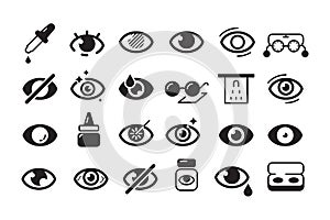 Optometry icon. Ophthalmology symbols eye doctor lens optician vector line collection
