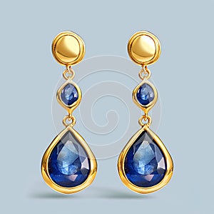 The opulence of deep blue sapphire-like stones set in gold earrings, presented on a subtle backdrop