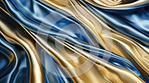 Opulent abstract background featuring luxurious shiny blue and gold silk satin texture, Ai Generated
