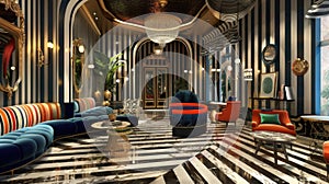 Opulent Art Deco Hotel Lobby with Elegant Furnishings and Bold Patterns