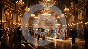 An opulent ballroom adorned with crystal chandeliers and golden decor.