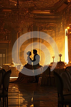 In an opulent ballroom bathed in golden light, a couple shares a tender moment