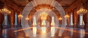 Opulent Ballroom Elegance with Golden Glow. Concept Opulent Ballroom, Elegance, Golden Glow, Luxury