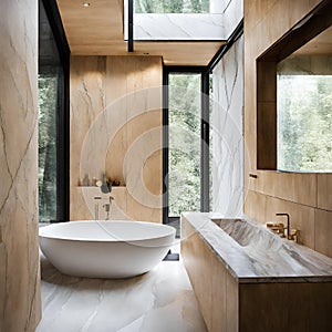 Opulent bathroom tiles in marble imitation, bathtub by the window, clt timber house - 1