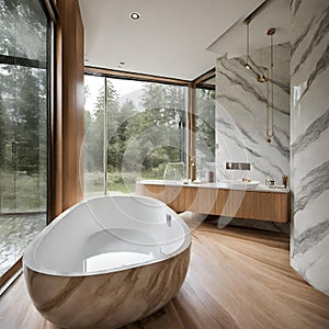 Opulent bathroom tiles in marble imitation, bathtub by the window, clt timber house - 1