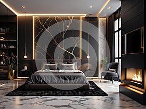 Opulent Bedroom in Black and Gold. Generative  AI