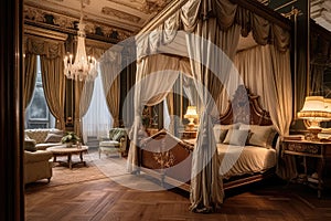 Opulent Bedroom With Fourposter Bed And Luxurious Fabrics Traditional Interior Design. Generative AI