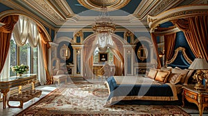 Opulent bedroom with a velvet canopy bed and gold decorative elements