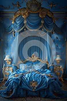 Opulent bedroom with a velvet canopy bed and gold decorative elements3D render