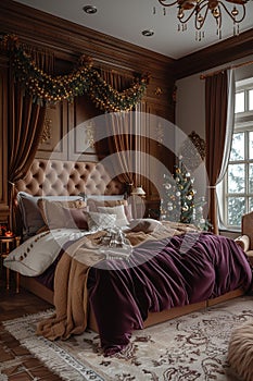 Opulent bedroom with a velvet canopy bed and gold decorative elements3D render