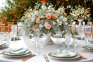 Opulent celebration luxury wedding reception table with flowers and decor