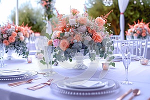 Opulent celebration luxury wedding reception table with flowers and decor