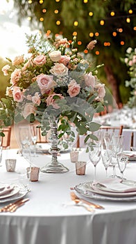 Opulent celebration luxury wedding reception table with flowers and decor