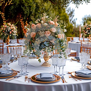 Opulent celebration luxury wedding reception table with flowers and decor