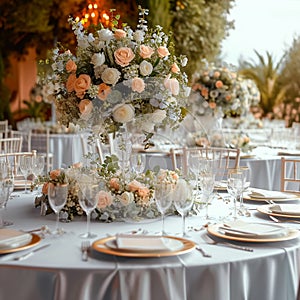 Opulent celebration luxury wedding reception table with flowers and decor