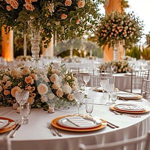 Opulent celebration luxury wedding reception table with flowers and decor