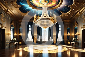 Opulent Chandelier Suspended in the Center of a Grand Ballroom, Intertwining Hundreds of Gleaming Crystals