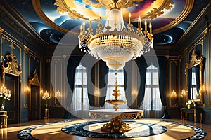 Opulent Chandelier Suspended in the Center of a Grand Ballroom, Intertwining Hundreds of Gleaming Crystals