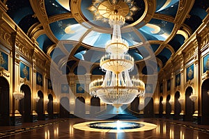 Opulent Chandelier Suspended in the Center of a Grand Ballroom, Intertwining Hundreds of Gleaming Crystals