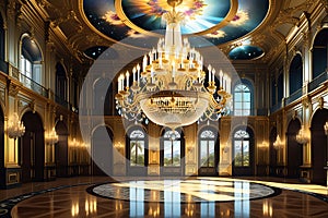 Opulent Chandelier Suspended in the Center of a Grand Ballroom, Intertwining Hundreds of Gleaming Crystals