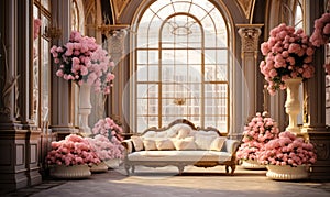Opulent classical interior design with overflowing pink flowers in elegant vases, ornate columns, and large windows with a vintage