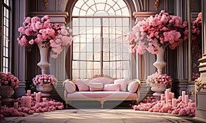 Opulent classical interior design with overflowing pink flowers in elegant vases ornate columns and large windows with a vintage