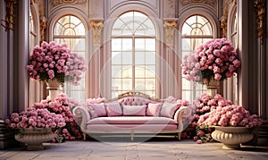 Opulent classical interior design with overflowing pink flowers in elegant vases ornate columns and large windows with a vintage