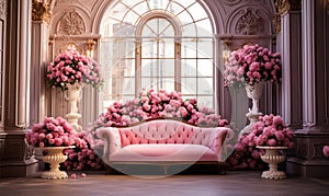 Opulent classical interior design with overflowing pink flowers in elegant vases ornate columns and large windows with a vintage