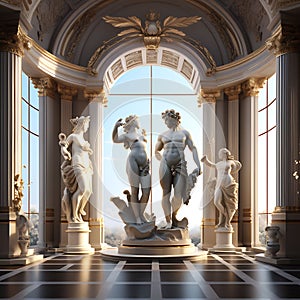 Opulent 3D Interior Illustration adorned with Antique Statues Ã¢â¬â Discobolus, Venus, Mercury