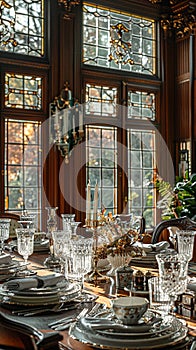 Opulent dining room with a crystal chandelier and elegant table setting