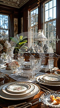 Opulent dining room with a crystal chandelier and elegant table setting