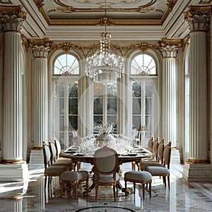 Opulent dining room with a crystal chandelier and elegant table setting3D render