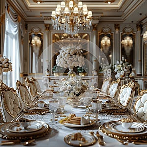 Opulent dining room with a crystal chandelier and elegant table setting3D render