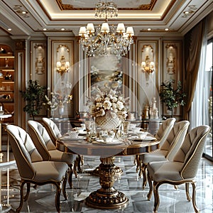 Opulent dining room with a crystal chandelier and elegant table setting3D render