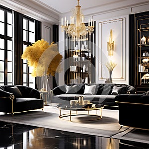 Opulent Elegance: 3D Render of Luxury Classical Style Black Living Room Interior with Black Marble Floor