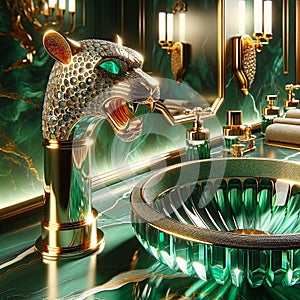 Opulent Elegance, Crystal Emerald Sink with Golden Leopard Tap