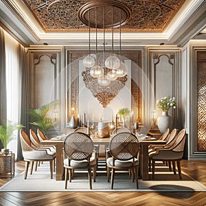 Opulent elegance: luxurious dining room with ornate woodwork and modern lighting