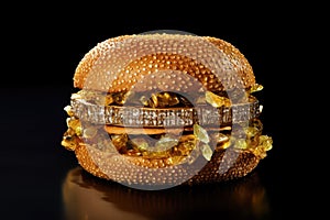 Opulent Extravagance Fully Diamond Encrusted Burger on a black background. Generative AI