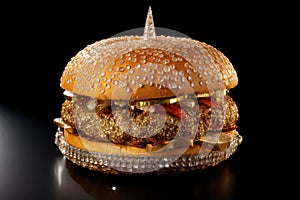 Opulent Extravagance Fully Diamond Encrusted Burger on a black background. Generative AI