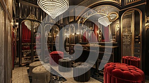 Opulent Glam-our: Vintage Dressing Room in Gold and Velvet Luxury, Art Deco Mirrors and Plush Ottomans