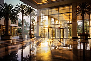 Opulent Grand Entrance of Modern Resort Casino: Neon Lights, Gold Frames, and Lush Palm Tree