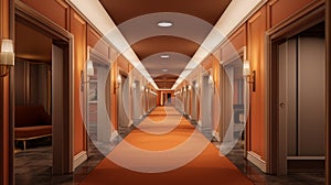 Opulent hotel hallway with multiple doors and polished floor in orange color. Ideal for hotel design, luxury apartment