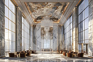 Opulent hotel lobby with marble floors, grand chandelier, and artistic ceiling