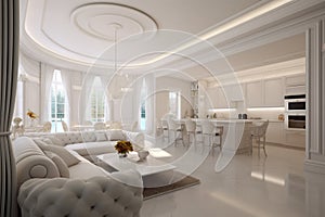 Opulent interior design with a white kitchen, dining, and living area