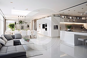 Opulent interior design with a white kitchen, dining, and living area