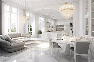 Opulent interior design with a white kitchen, dining, and living area