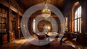 Opulent library with wooden bookshelves, and an antique chandelier, AI-generated.